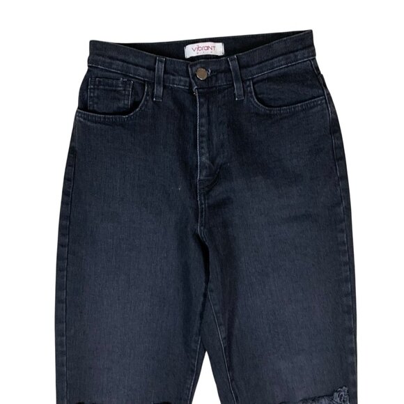 Vibrant Miu Black Distressed High Rise Jeans W25 Ripped Knee Slim Fit - Picture 2 of 5